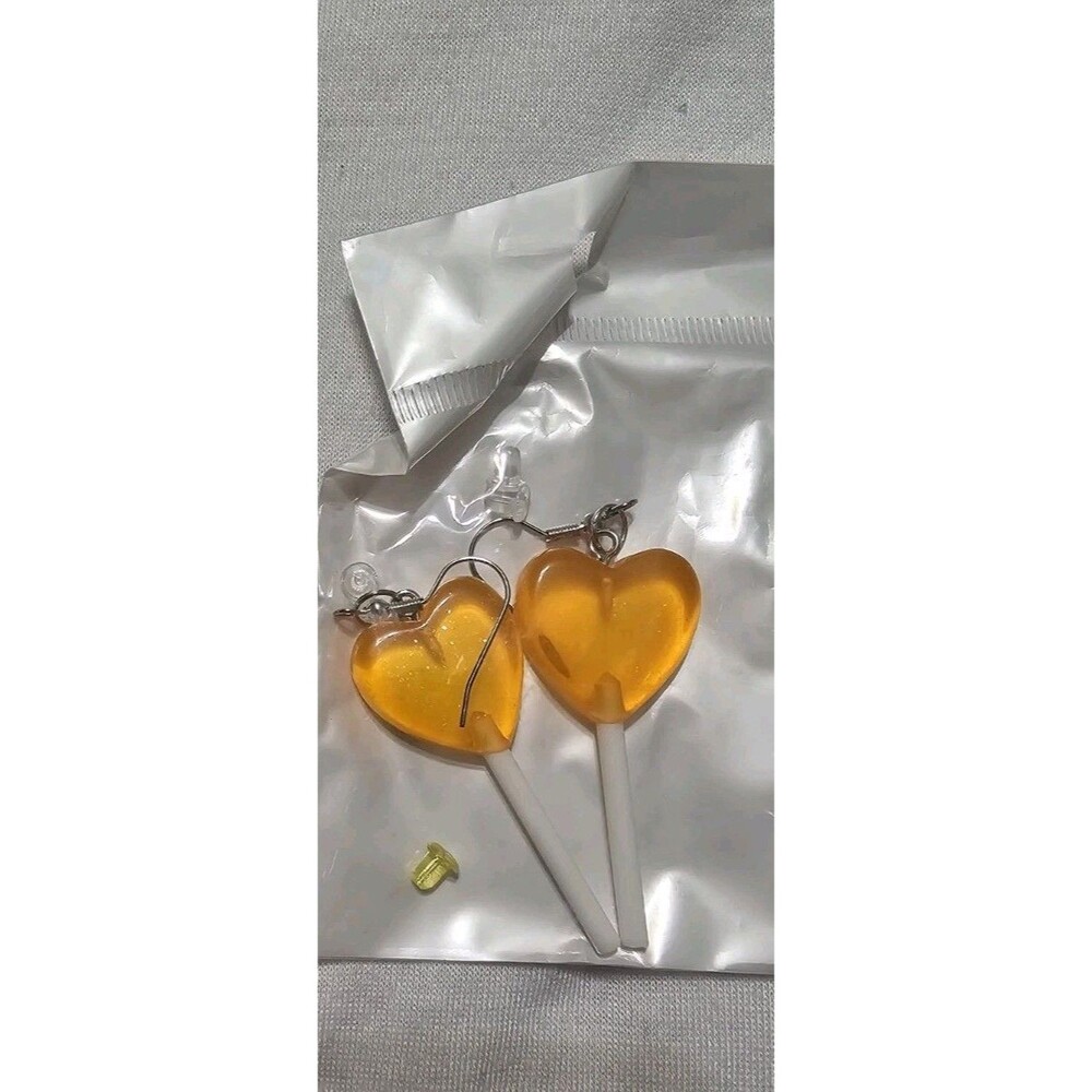 Heart Lollipop Dangle Pierced Earrings Resin Gold Hook Candy 2.5" Orange
